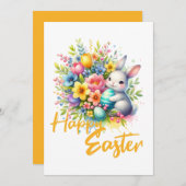 ハッピーイースター春の可愛いバニーの花 シーズンカード (正面/裏面)