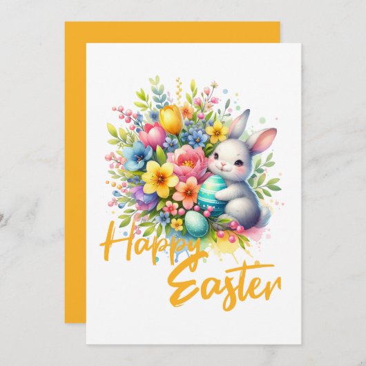 ハッピーイースター春の可愛いバニーの花 シーズンカード (正面/裏面)