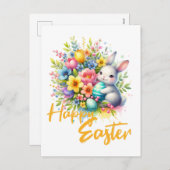 ハッピーイースター春の可愛いバニーの花 シーズンポストカード (正面/裏面)