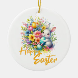 ハッピーイースター春の可愛いバニーの花 セラミックオーナメント