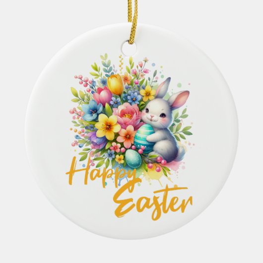 ハッピーイースター春の可愛いバニーの花 セラミックオーナメント (正面)