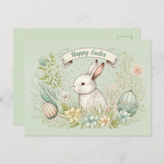 ハッピーイースター春の花イラストレーション ポストカード (正面/裏面)