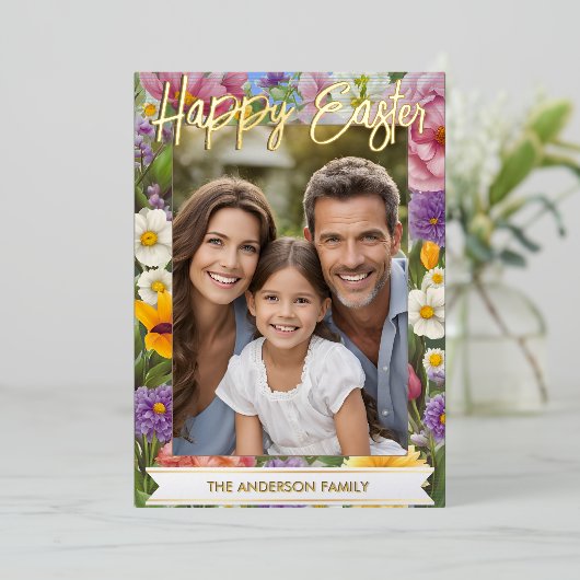 ハッピーイースター春の花ファミリーフォトフローラ 箔シーズンカード (立ち正面)
