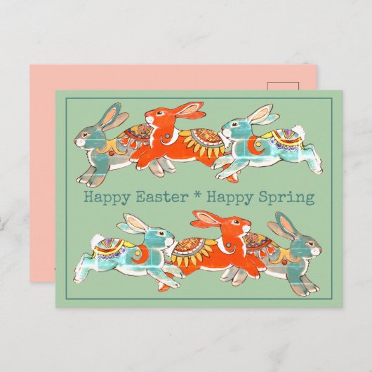ハッピーイースター春ラビットピンクミント部族ユニーク シーズンポストカード (正面/裏面)