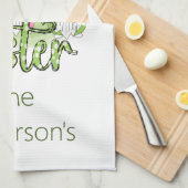 ハッピーイースター格言とバニー耳ピンクグリーン キッチンタオル (四つ折り)