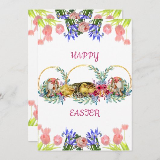 ハッピーイースター水彩エッグシック薄紫バラチューリップ シーズンカード (正面/裏面)