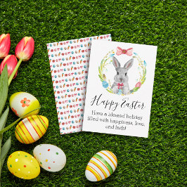 ハッピーイースター水彩バニーおよび春リース ノートカード