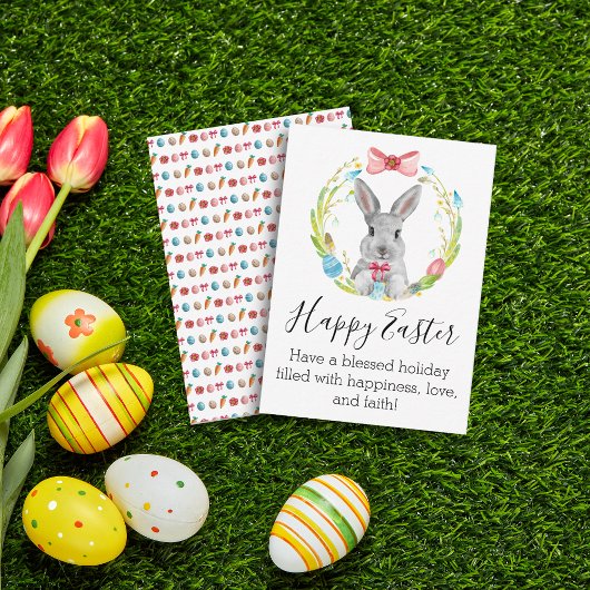 ハッピーイースター水彩バニーおよび春リース ノートカード