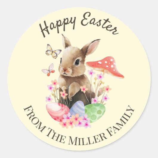 ハッピーイースター水彩バニーとイースターエッグ ラウンドシール (正面)