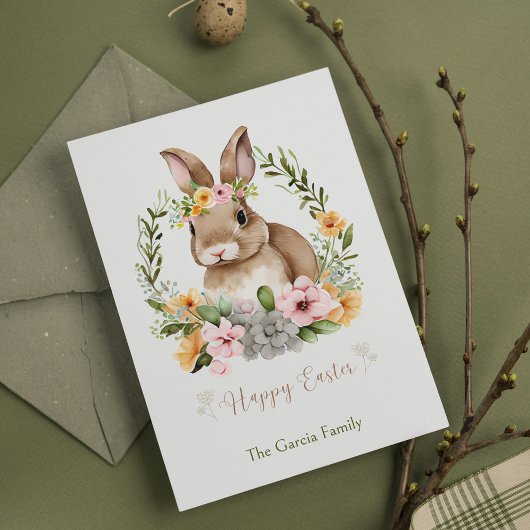 ハッピーイースター水彩バニーと花イースター シーズンポストカード