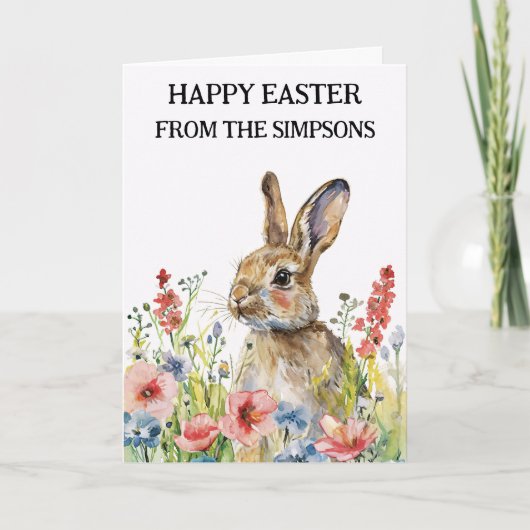 ハッピーイースター水彩バニーインフラワーズファミリー カード (正面)