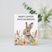 ハッピーイースター水彩バニーインフラワーズファミリー ポストカード (スタンド正面)