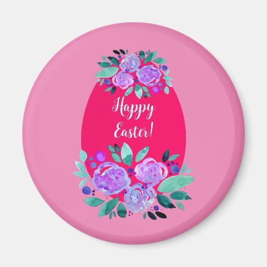 ハッピーイースター水彩フローラピンク卵 マグネット (正面)