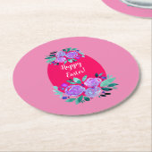 ハッピーイースター水彩フローラピンク卵 ラウンドペーパーコースター (アングル)