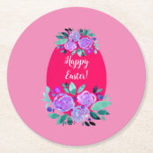 ハッピーイースター水彩フローラピンク卵 ラウンドペーパーコースター (正面)