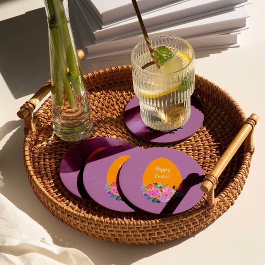 ハッピーイースター水彩フローラ卵 ラウンドペーパーコースター