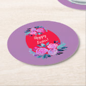 ハッピーイースター水彩フローラ赤卵 ラウンドペーパーコースター (アングル)