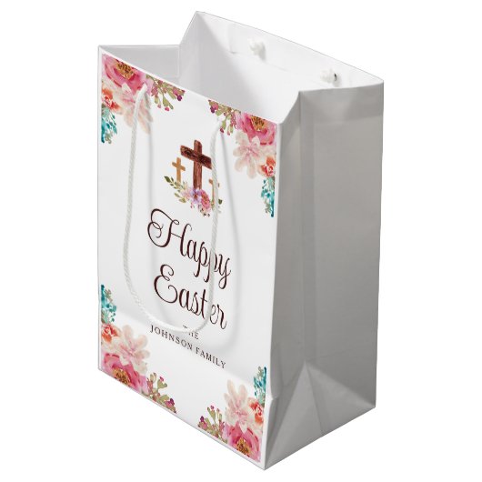 ハッピーイースター水彩宗教十字架 ミディアムペーパーバッグ (正面アングル)