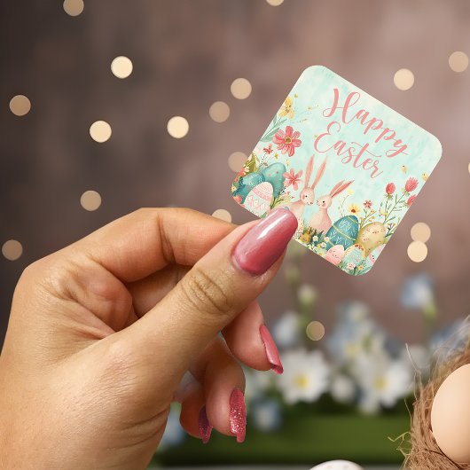 ハッピーイースター淡緑色の水色 スクエアシール