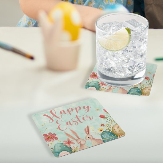 ハッピーイースター淡緑色の水色 スクエアペーパーコースター