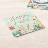 ハッピーイースター淡緑色の水色 スクエアペーパーコースター (アングル)