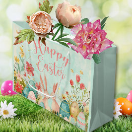 ハッピーイースター淡緑色の水色 ラージペーパーバッグ