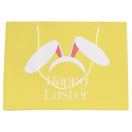 ハッピーイースター白いバンニーの耳の黄色 ラージペーパーバッグ (正面)