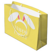 ハッピーイースター白いバンニーの耳の黄色 ラージペーパーバッグ (裏面アングル)