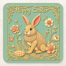ハッピーイースター紙コースターw/バニー スクエアペーパーコースター