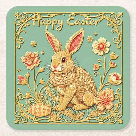 ハッピーイースター紙コースターw/バニー スクエアペーパーコースター (正面)