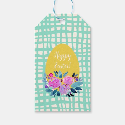 ハッピーイースター素朴な格子状のフローラオレンジ色の卵 ギフトタグ (正面)