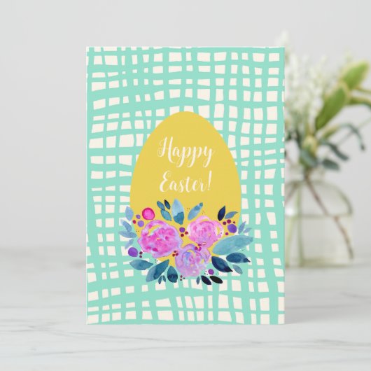 ハッピーイースター素朴な格子状のフローラオレンジ色の卵 シーズンカード (スタンド正面)