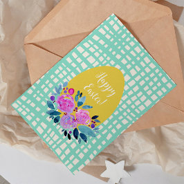 ハッピーイースター素朴な格子状のフローラオレンジ色の卵 シーズンカード