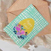 ハッピーイースター素朴な格子状のフローラオレンジ色の卵 シーズンカード