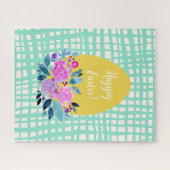 ハッピーイースター素朴な格子状のフローラオレンジ色の卵 ジグソーパズル (横)