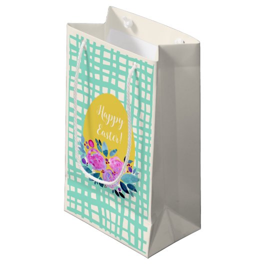 ハッピーイースター素朴な格子状のフローラオレンジ色の卵 スモールペーパーバッグ (正面アングル)