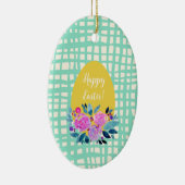 ハッピーイースター素朴な格子状のフローラオレンジ色の卵 セラミックオーナメント (右)