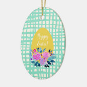 ハッピーイースター素朴な格子状のフローラオレンジ色の卵 セラミックオーナメント (左)