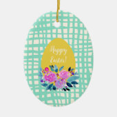 ハッピーイースター素朴な格子状のフローラオレンジ色の卵 セラミックオーナメント (正面)