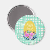 ハッピーイースター素朴な格子状のフローラオレンジ色の卵 マグネット (正面/裏面)