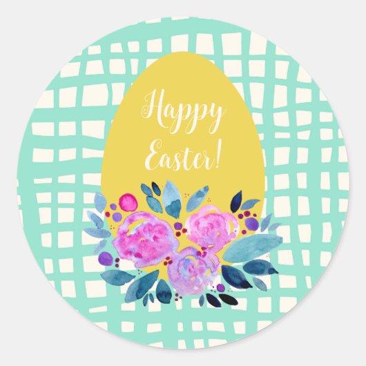 ハッピーイースター素朴な格子状のフローラオレンジ色の卵 ラウンドシール (正面)