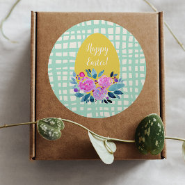 ハッピーイースター素朴な格子状のフローラオレンジ色の卵 ラウンドシール