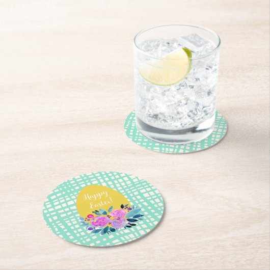 ハッピーイースター素朴な格子状のフローラオレンジ色の卵 ラウンドペーパーコースター (インサイチュ)