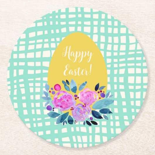 ハッピーイースター素朴な格子状のフローラオレンジ色の卵 ラウンドペーパーコースター (正面)