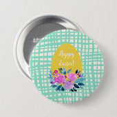 ハッピーイースター素朴な格子状のフローラオレンジ色の卵 缶バッジ (正面&裏面)