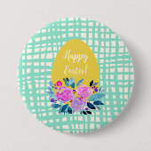 ハッピーイースター素朴な格子状のフローラオレンジ色の卵 缶バッジ (正面)