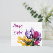 ハッピーイースター紫イエローピンクチューリップフローラおもしろい シーズンポストカード (スタンド正面)