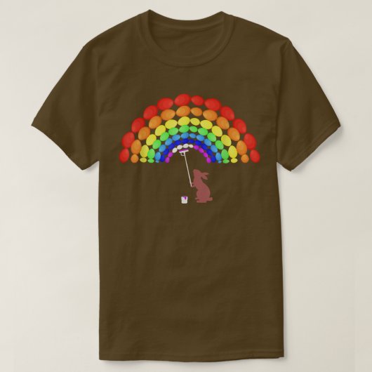 ハッピーイースター絵画製のイースターバニーの虹 Tシャツ (デザイン正面)