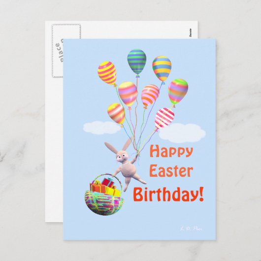 ハッピーイースター誕生日バニーとバルーン シーズンポストカード (正面/裏面)