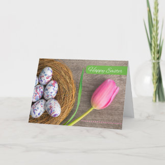 ハッピーイースター誰でもピンクのチューリップと卵 シーズンカード